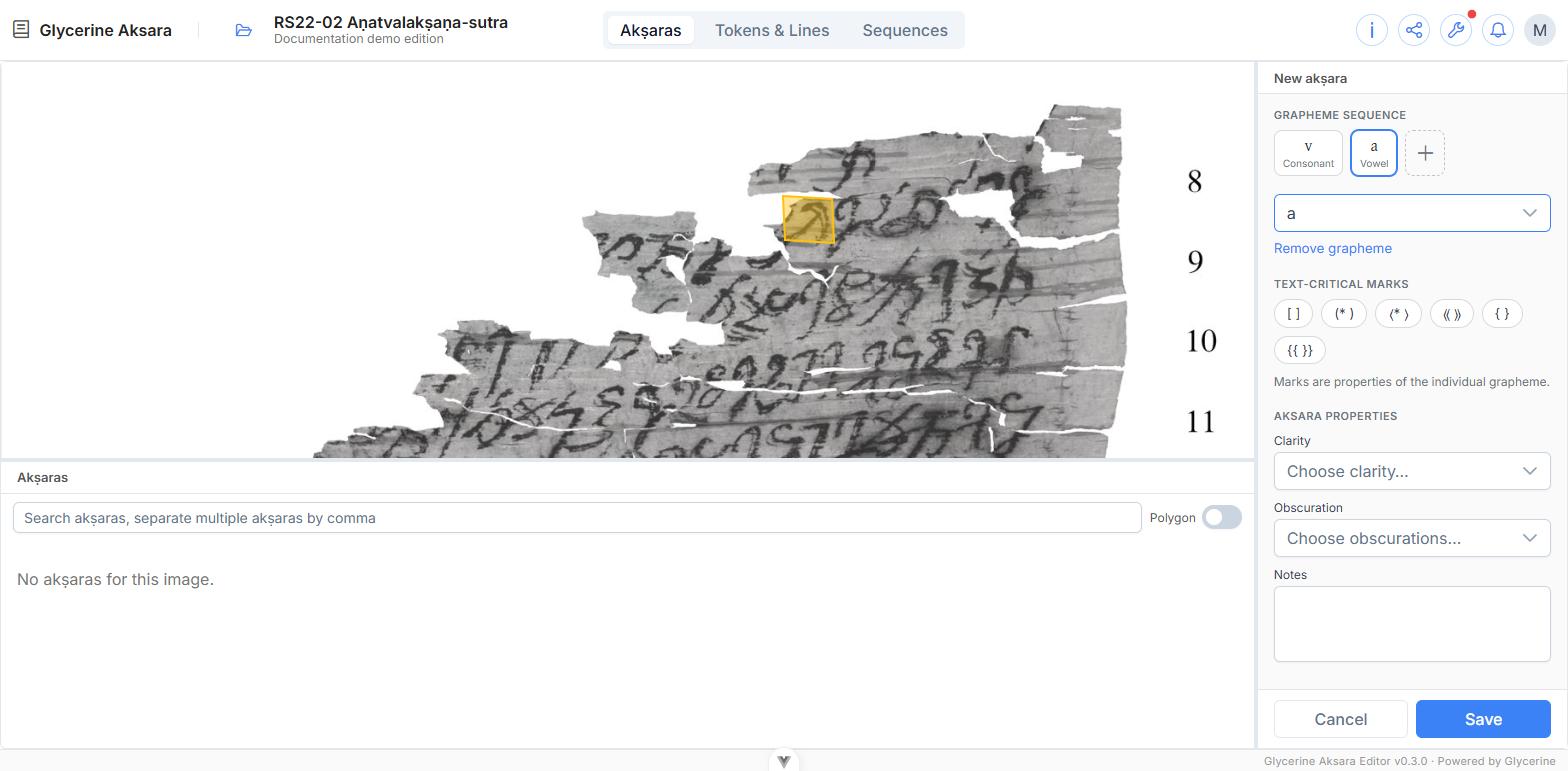 The akṣara editor: grapheme sequence, text-critical marks, and akṣara properties
