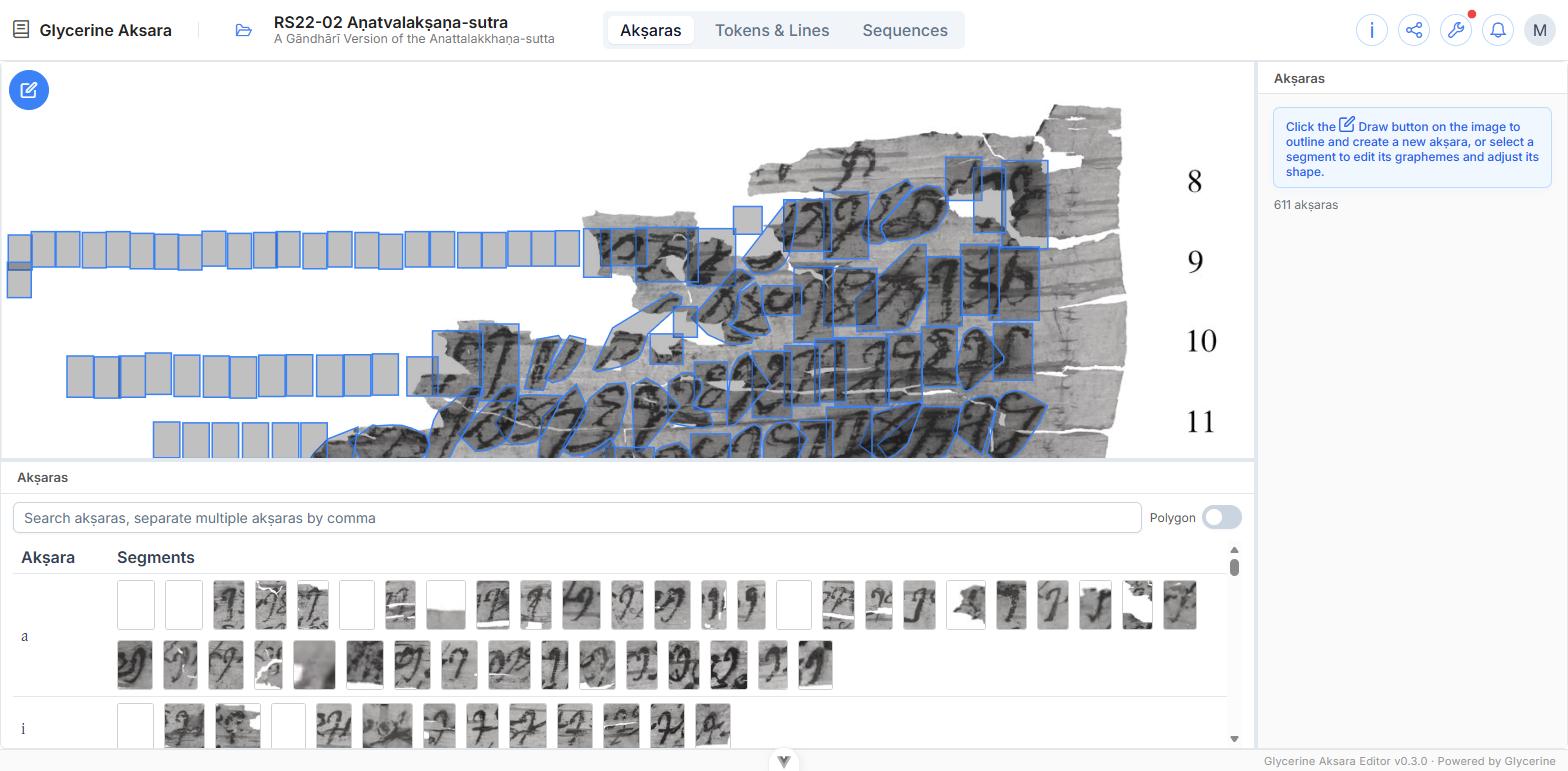 The Editor in Akṣaras mode: manuscript image top left, akṣara table below, akṣara editor on the right