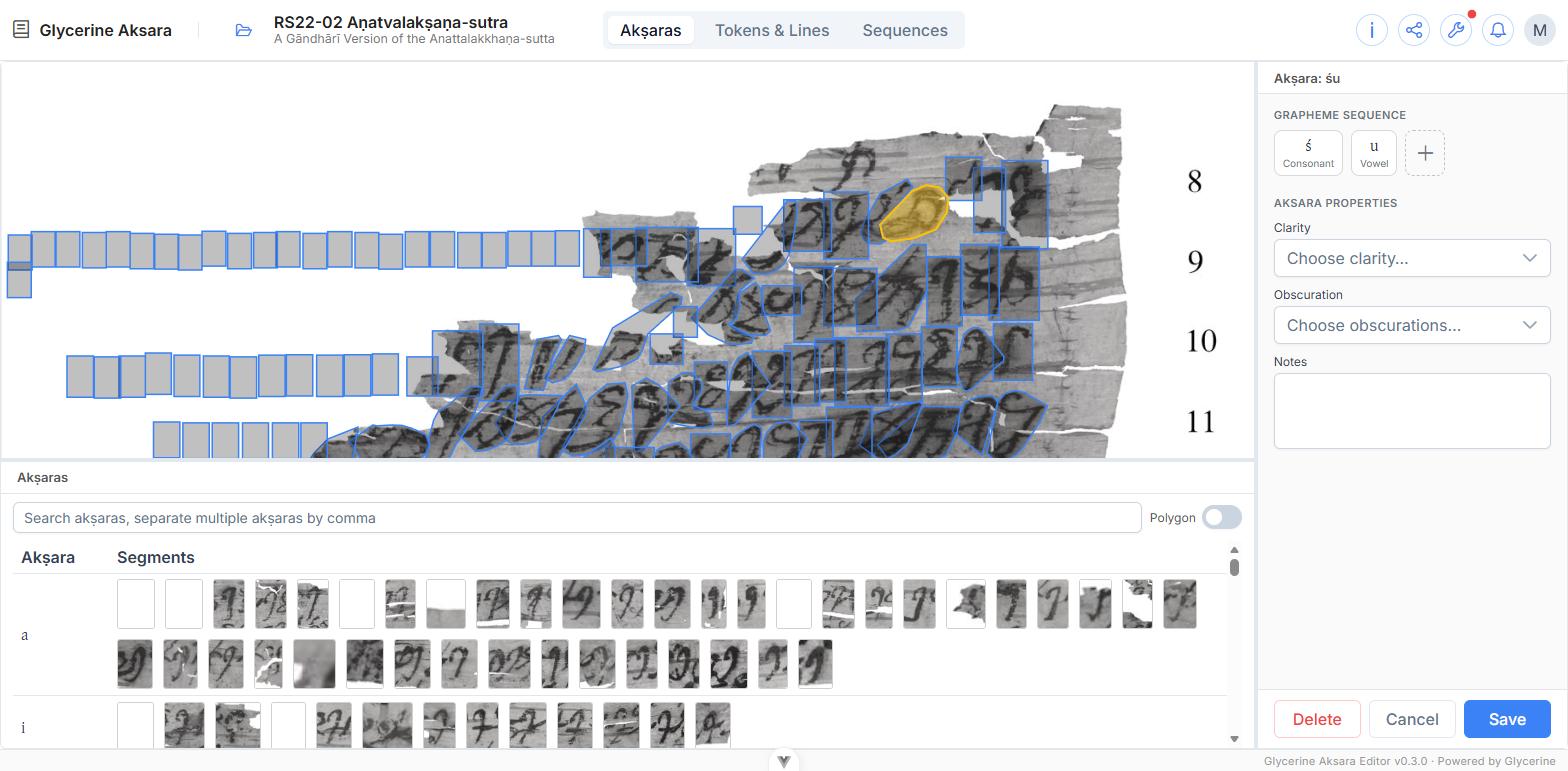 An akṣara selected for editing, with vertex handles on its outline