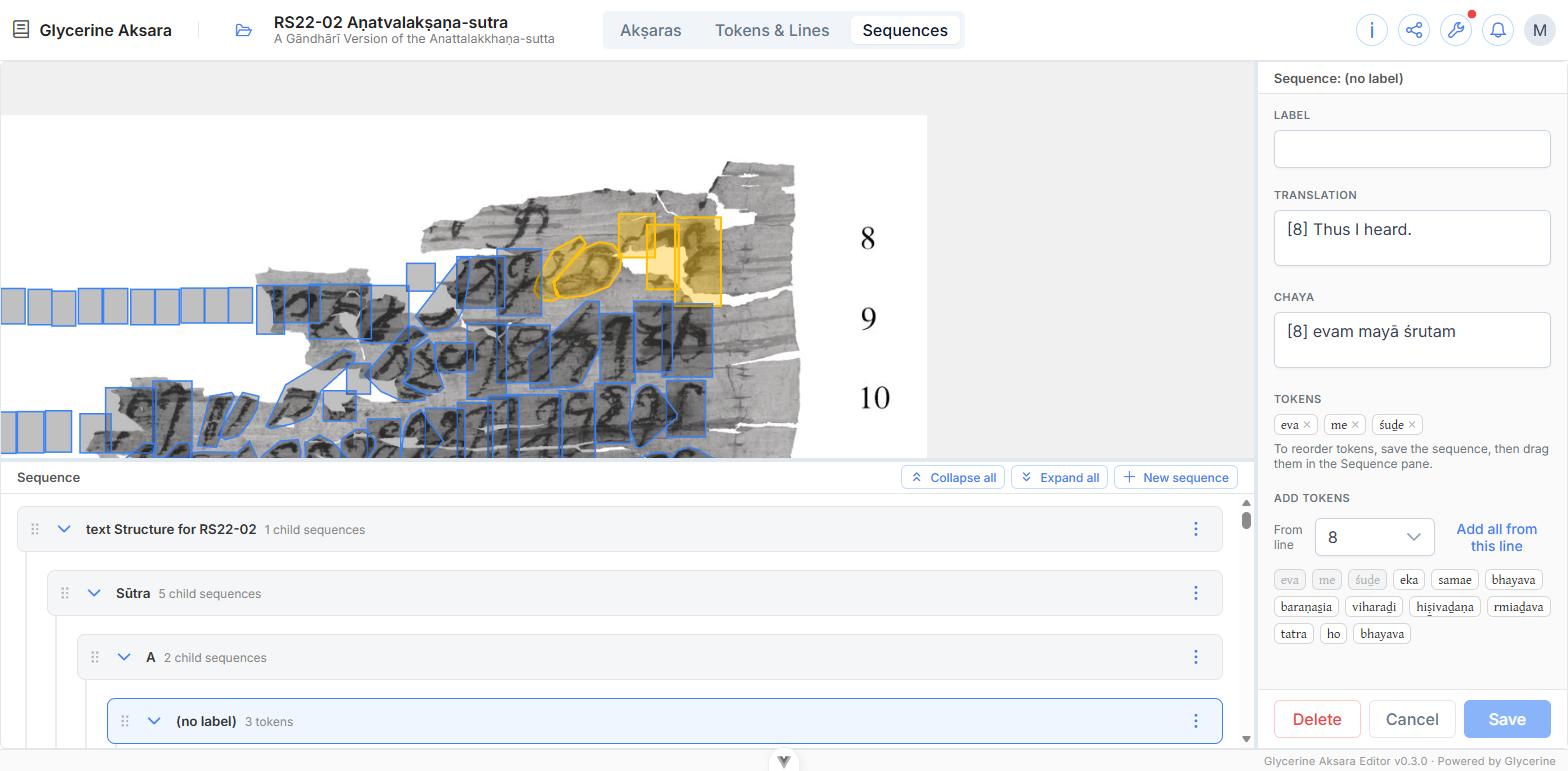 The sequence inspector: label, translation, chāyā, and the tokens the unit contains