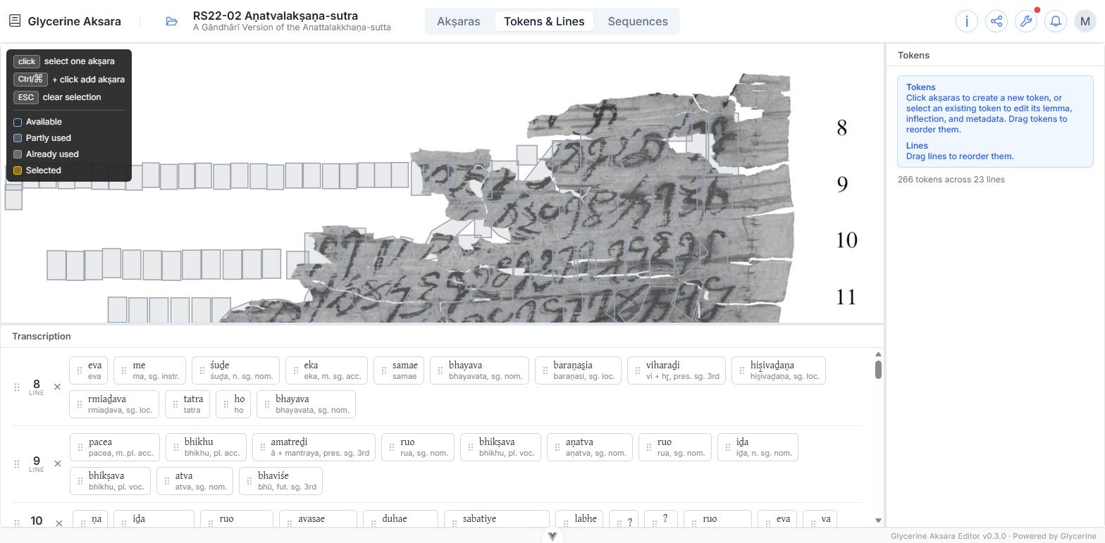 Tokens & Lines mode: the transcription line by line, with lemma and inflection under each word