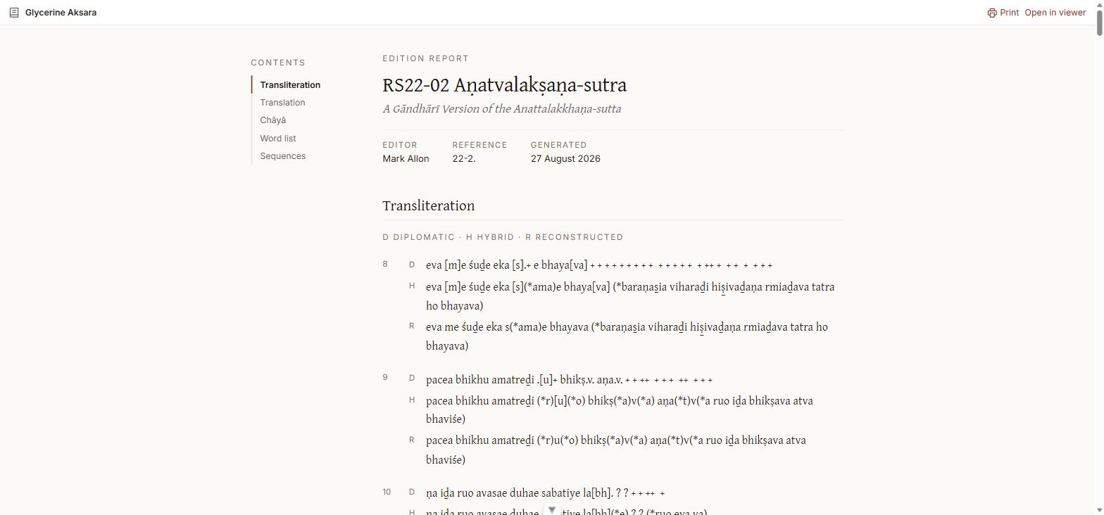 The edition report, showing the contents rail and the transliteration section with diplomatic, hybrid and reconstructed readings of each line