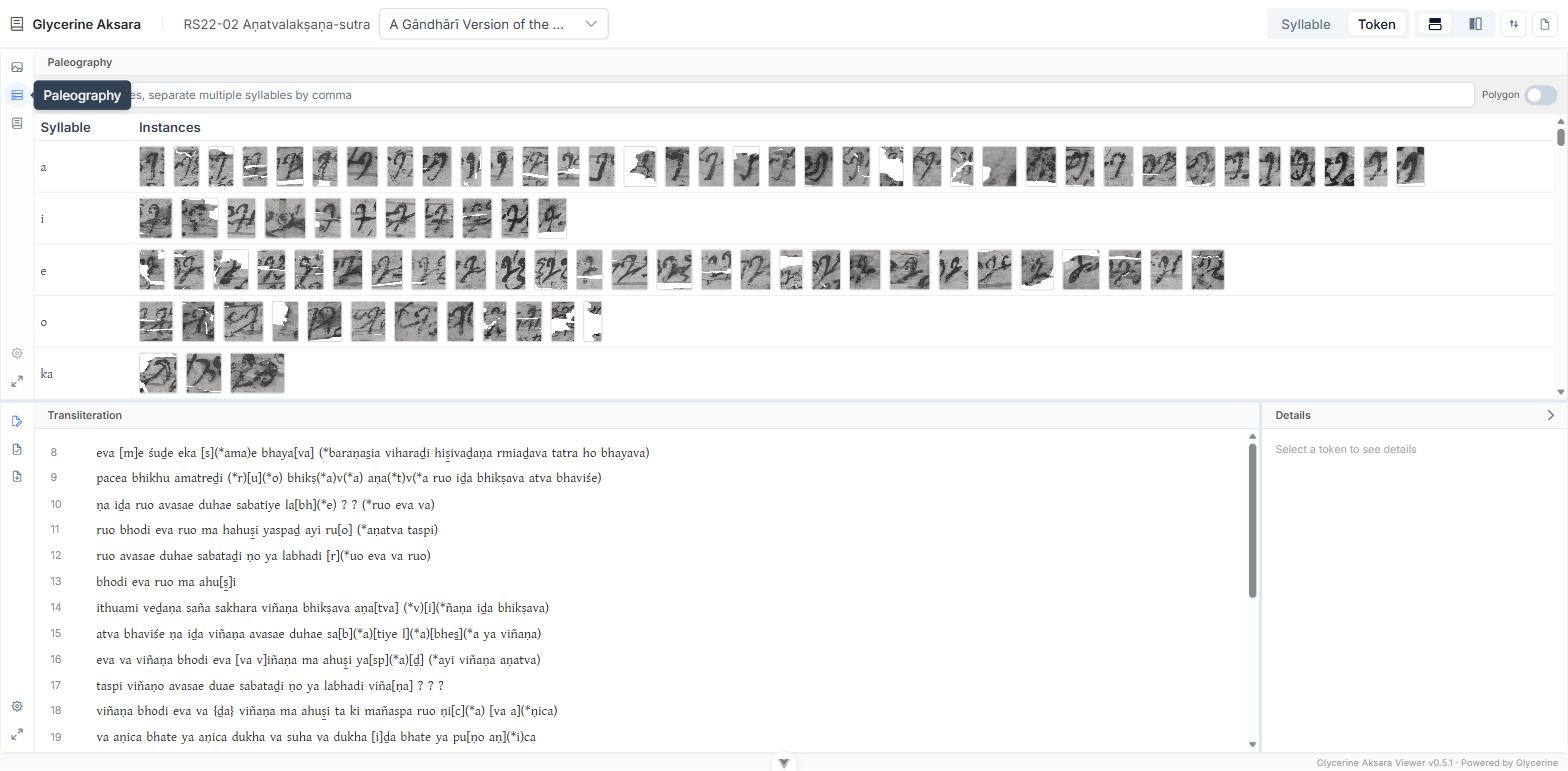 The paleography view: rows for a, i, e, o and ka, each showing every instance as an image cut-out